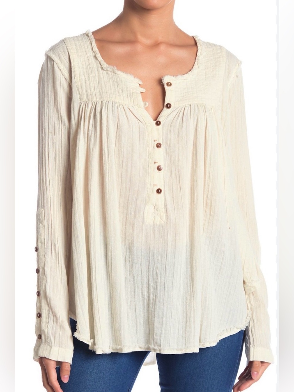 Free People Sand Dune Henley Top Ivory Medium Long Sleeve Gauzy Coastal Boho